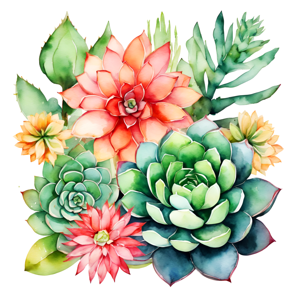 Watercolor and painting Blooming fresh Cactus and flowers succulent plant. AI-Generated png