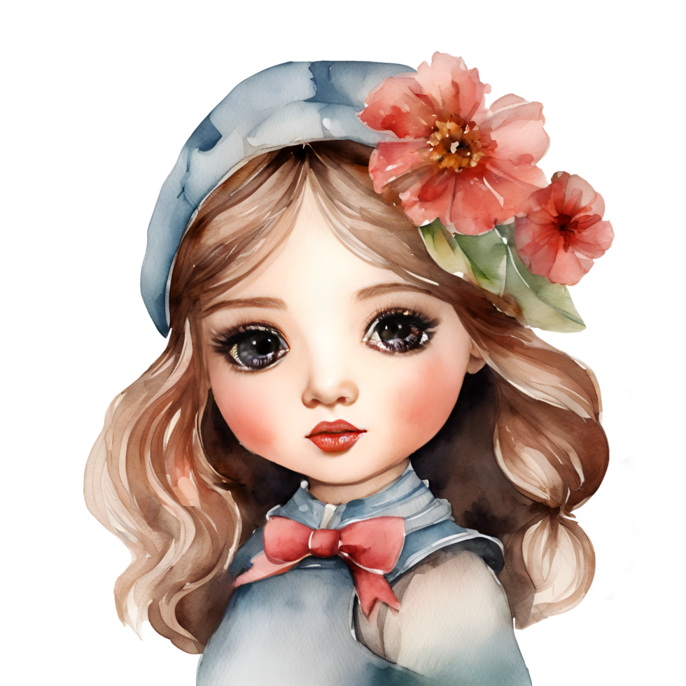 Watercolor and painting cute doll girl with flower ribbon on headband and hat in pretty dress for kindergarten cartoon. AI-Generated png