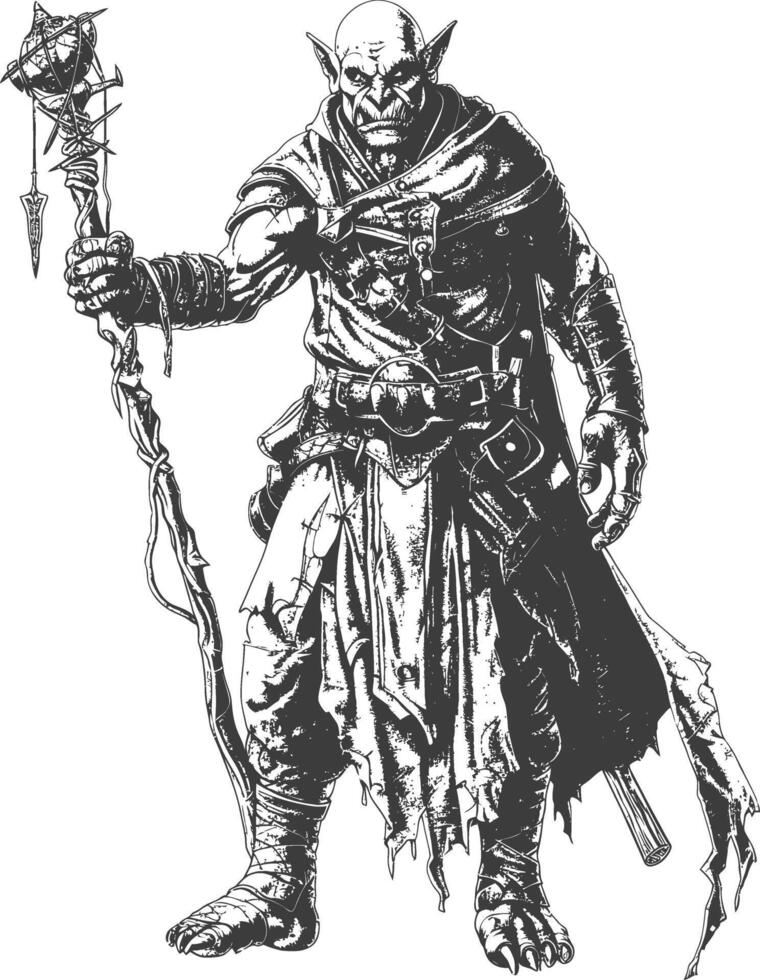 orc mage with magical staff full body images using Old engraving style vector