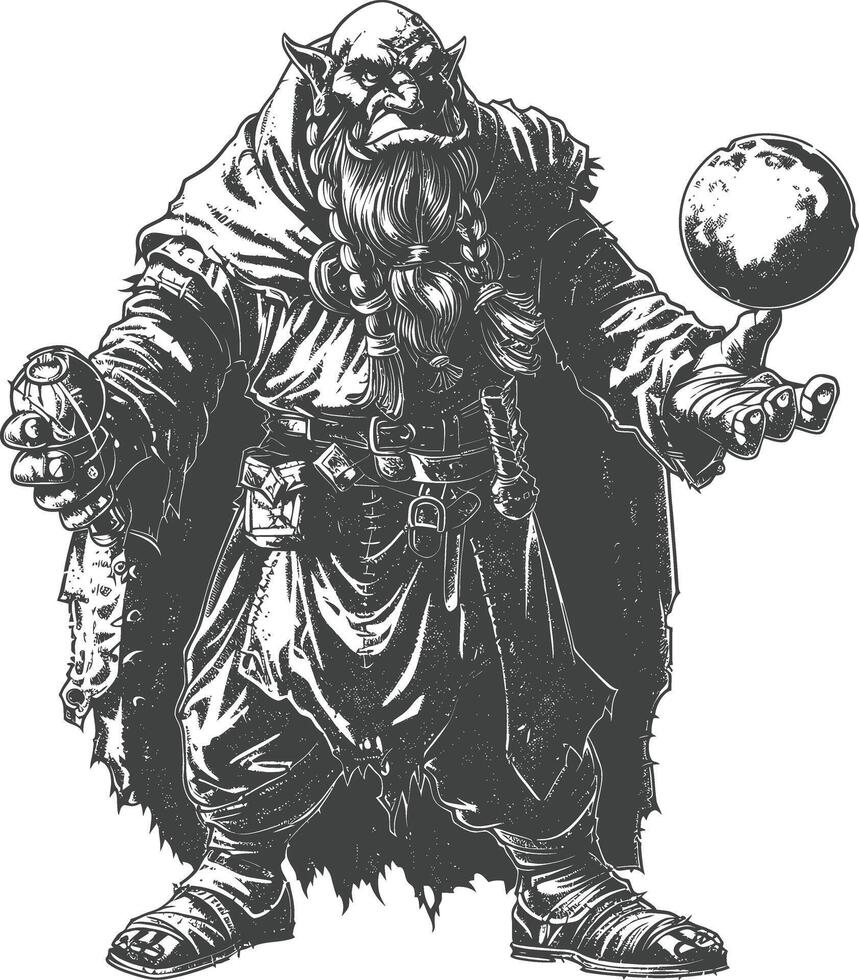 orc mage with magical orb full body images using Old engraving style vector