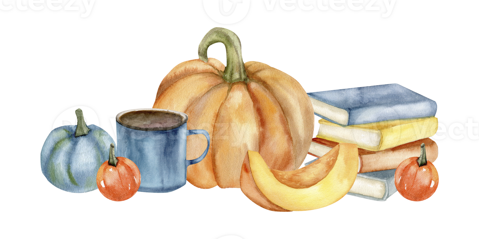 groß Orange Kürbis, Bücher, Tee Tasse, und klein bunt dekorativ Kürbisse Herbst Geist Komposition . fallen, gemütlich, warm Illustration zum Zuhause Dekoration, das Erntedankfest, Ernte Jahreszeit Design png