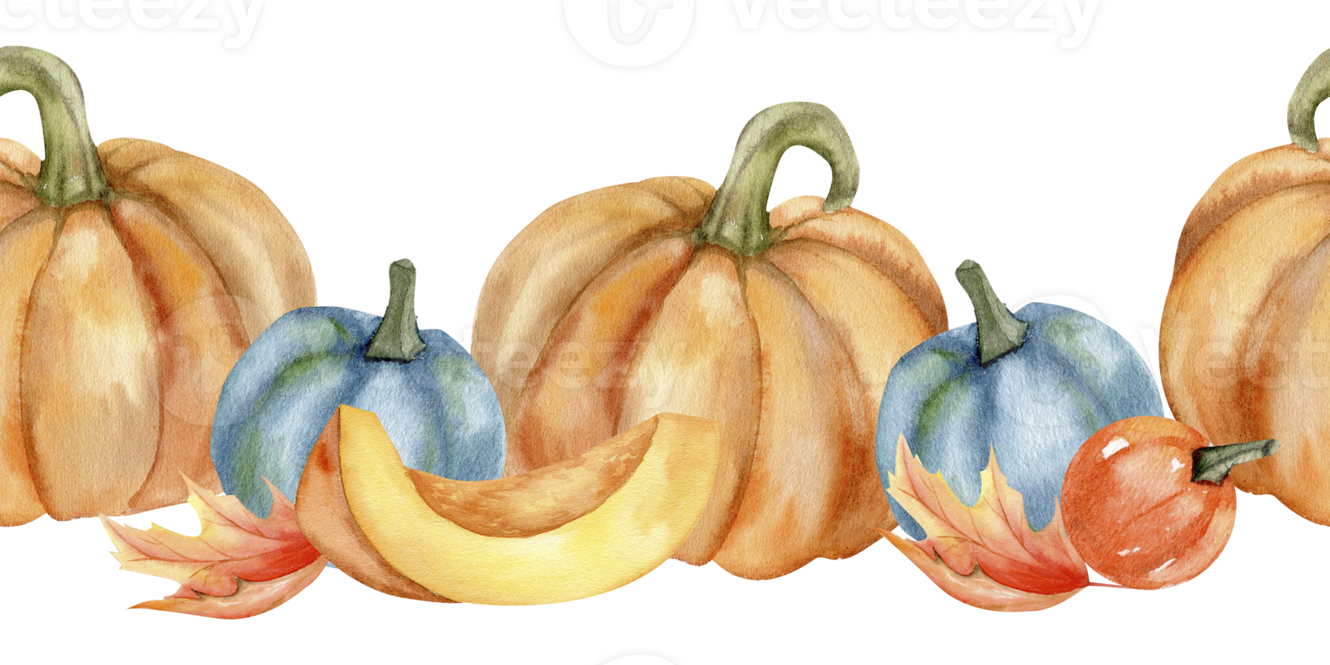 arancia grande zucca con blu e rosso piccolo decorativo zucche e autunno colorato le foglie acquerello senza soluzione di continuità striscione. mano disegnato accogliente autunno confine modello per raccogliere stagione, ringraziamento Festival png