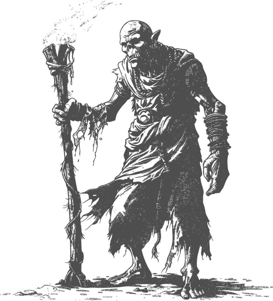 orc mage with magical staff full body images using Old engraving style vector