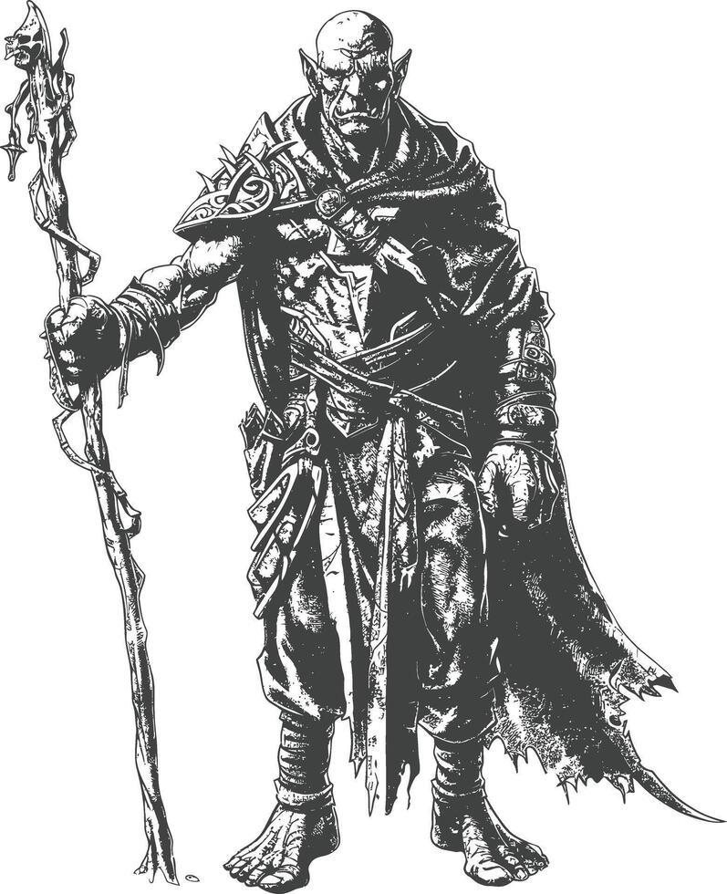 orc mage with magical staff full body images using Old engraving style vector