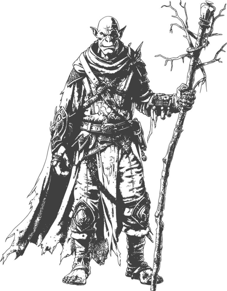 orc mage with magical staff full body images using Old engraving style vector