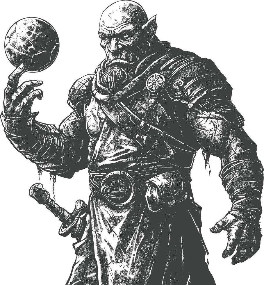 orc mage with magical orb full body images using Old engraving style vector