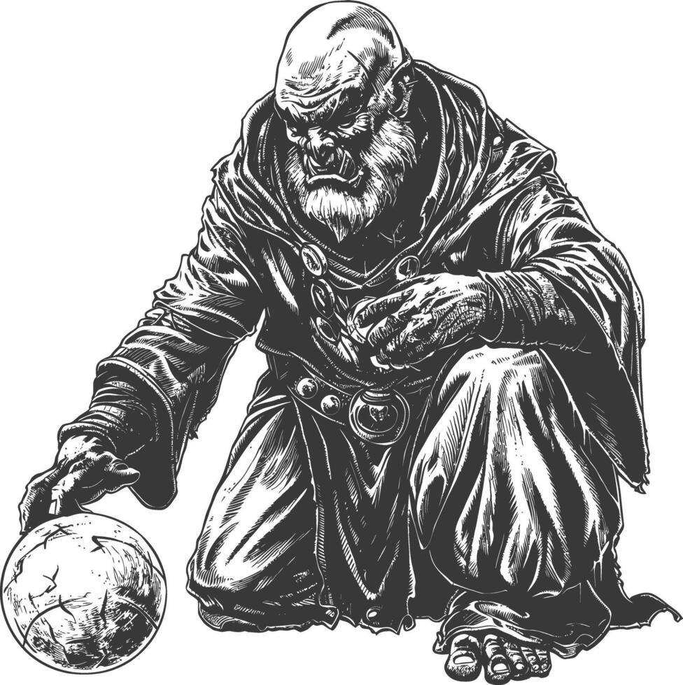 orc mage with magical orb full body images using Old engraving style vector