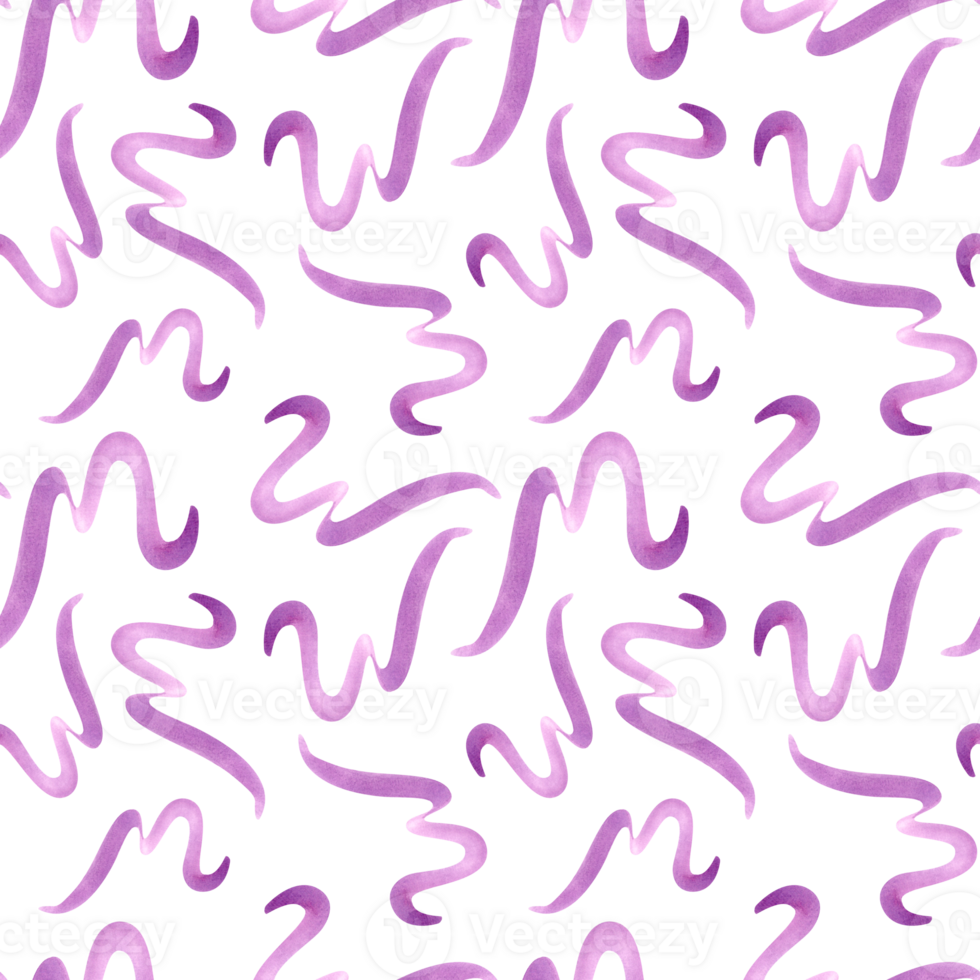 Purple squiggles seamless pattern. Simple geometric shapes. Abstract brush strokes. Curls design. Scribble for party, birthday package. Watercolor illustration of cute flying wavy curves. png