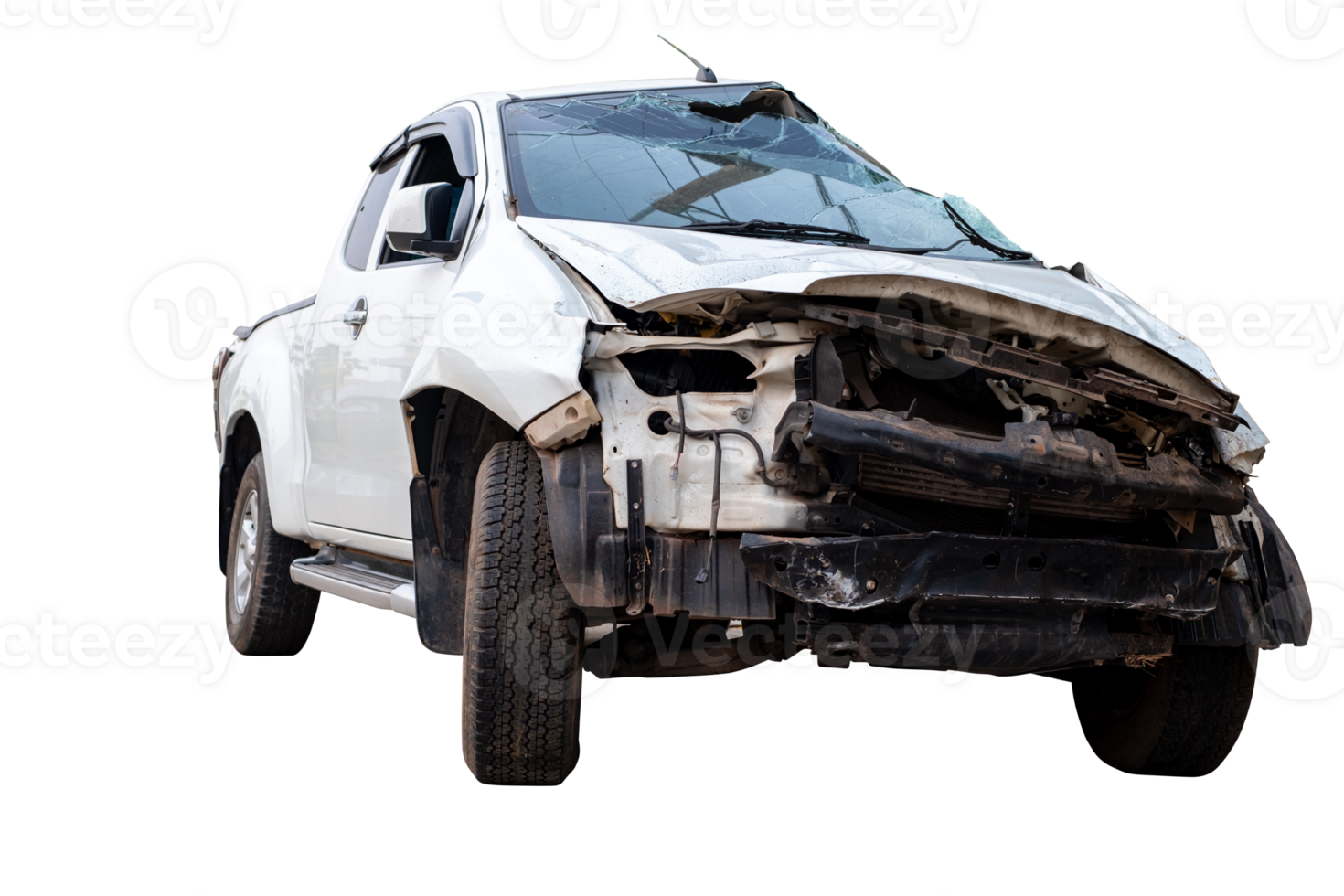 Front and side of white pickup car get damaged by accident on the road. damaged cars after collision. isolated on transparent background, car crash bumper on the road, broken car, File png