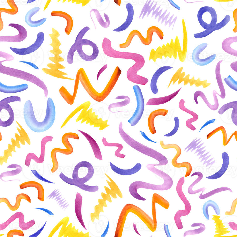 Line doodle seamless pattern. Multicolored brush strokes. Simple geometric shapes. Bold wavy Curls design, squiggle in 90s style. Kid scribble for party, birthday package. Watercolor cute illustration png