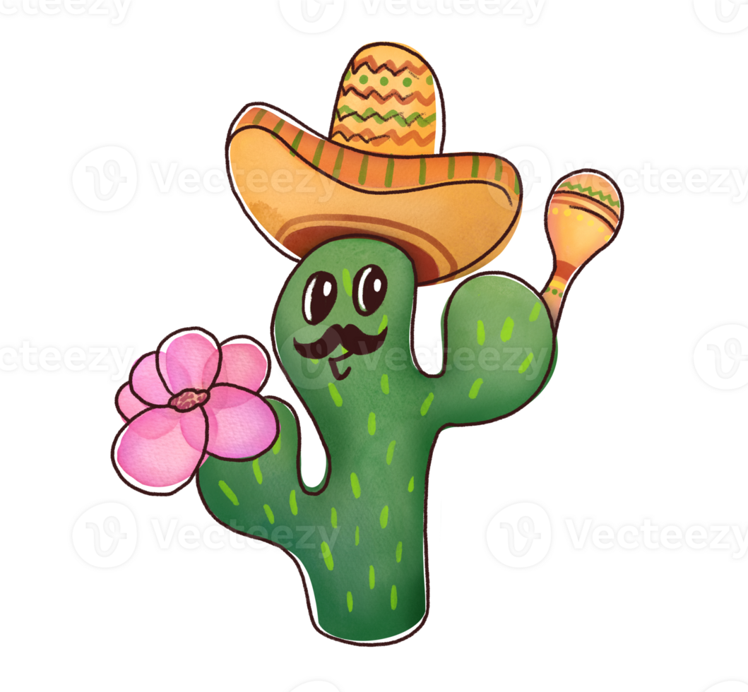 Mexican Cactus in sombrero. Cartoon Character Shaking Maracas. watercolor Hand Drawn Illustration Isolated On Transparent Background png