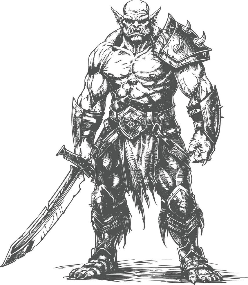 orc warrior full body images using Old engraving style vector