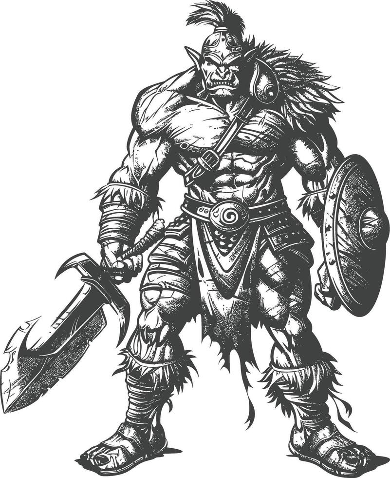 orc warrior full body images using Old engraving style vector