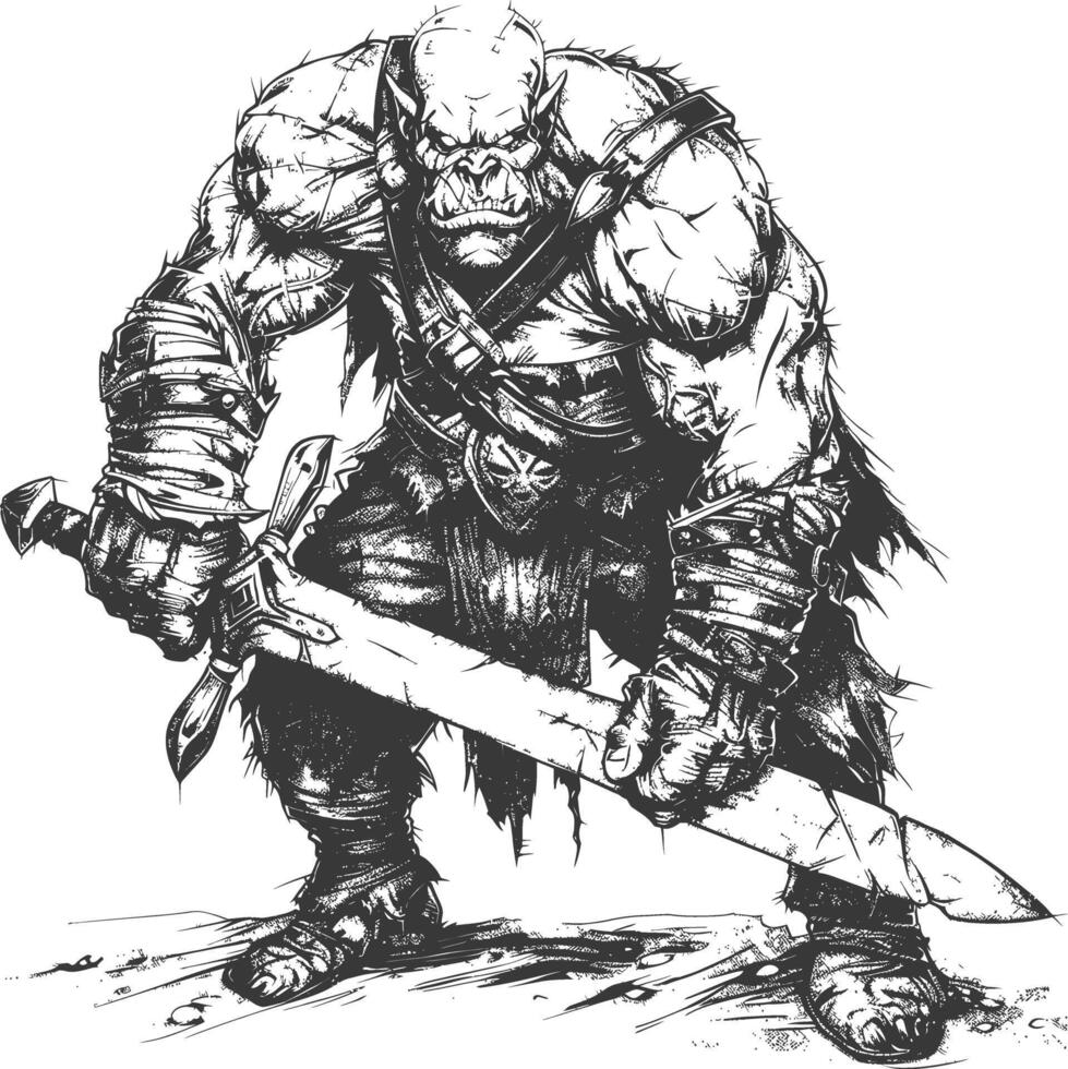 orc warrior with sword full body images using Old engraving style vector