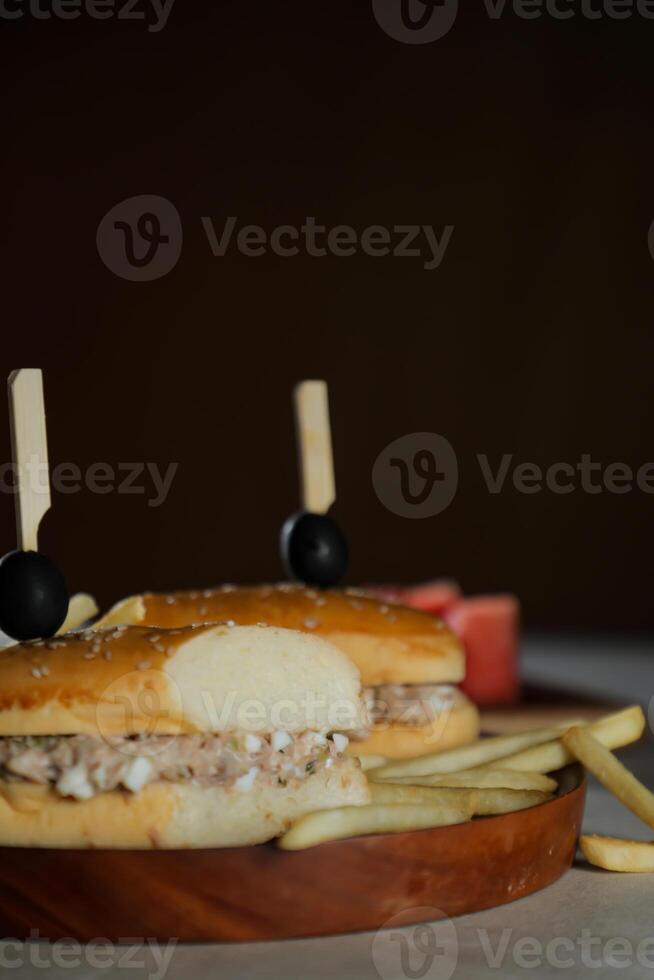 atún huevo emparedado con papas fritas y mayonesa inmersión servido en de madera tablero aislado en oscuro antecedentes lado ver de desayuno comida foto