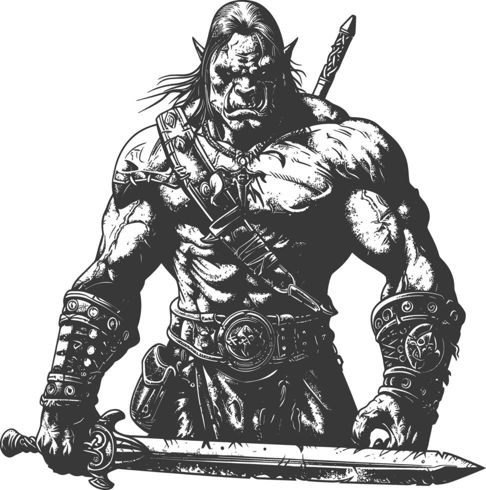 orc warrior with sword full body images using Old engraving style vector