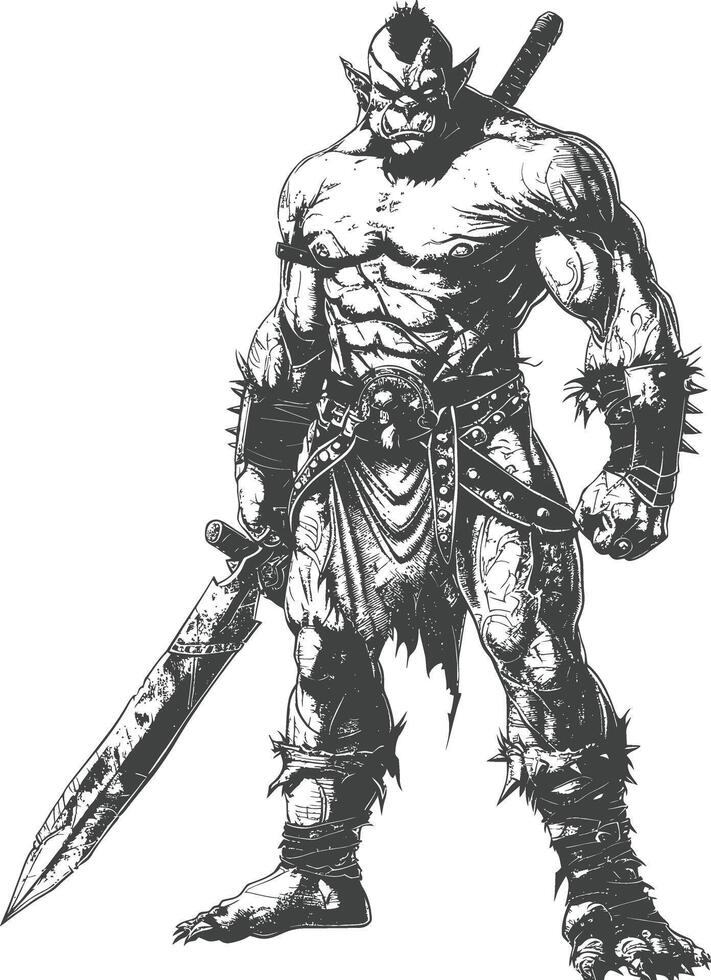 orc warrior with sword full body images using Old engraving style vector