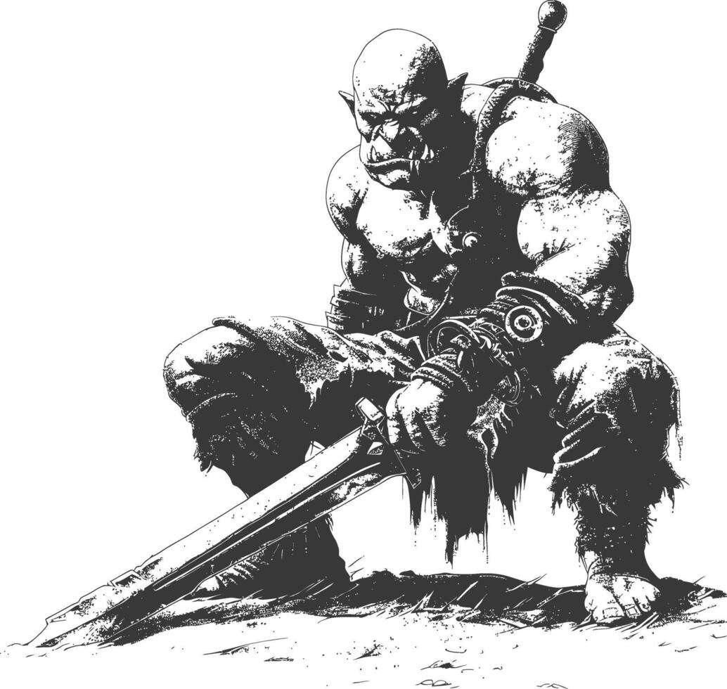 orc warrior with sword full body images using Old engraving style vector