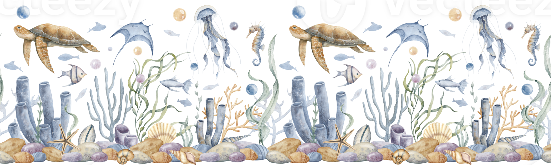 Underwater seamless banner with sea animals and fish on isolated background. Hand drawn watercolor illustration with tropical marine flora. Undersea pattern with seabed, corals, reefs and seaweeds. png