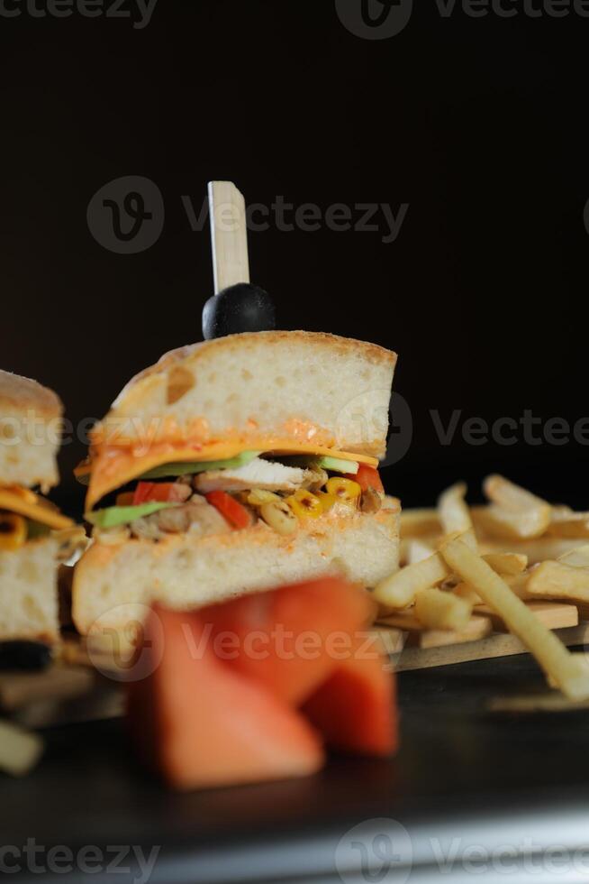 Spicy Southwest Chicken Sandwich with fries and mayonnaise dip served in tray isolated on dark background side view of breakfast food photo