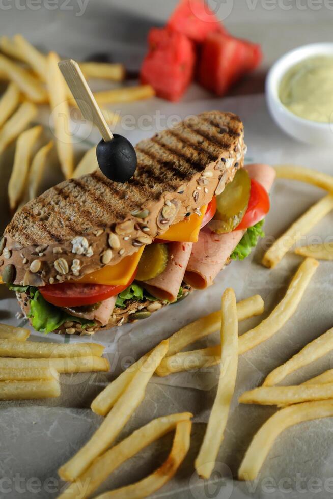 Smoked Chicken Sandwich with fries and mayonnaise dip isolated on dark background side view of breakfast food photo