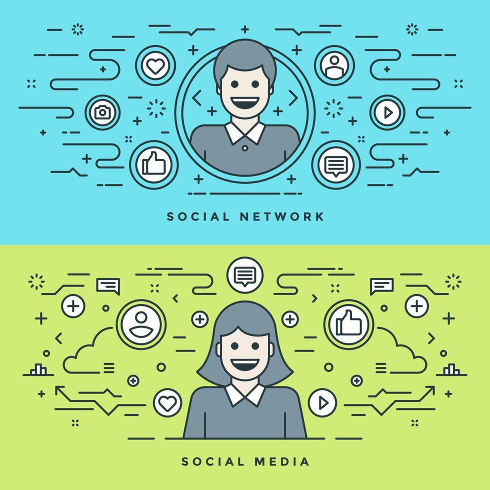 Flat line Social Media and Network Concept illustration. Modern thin linear stroke icons. Website vector