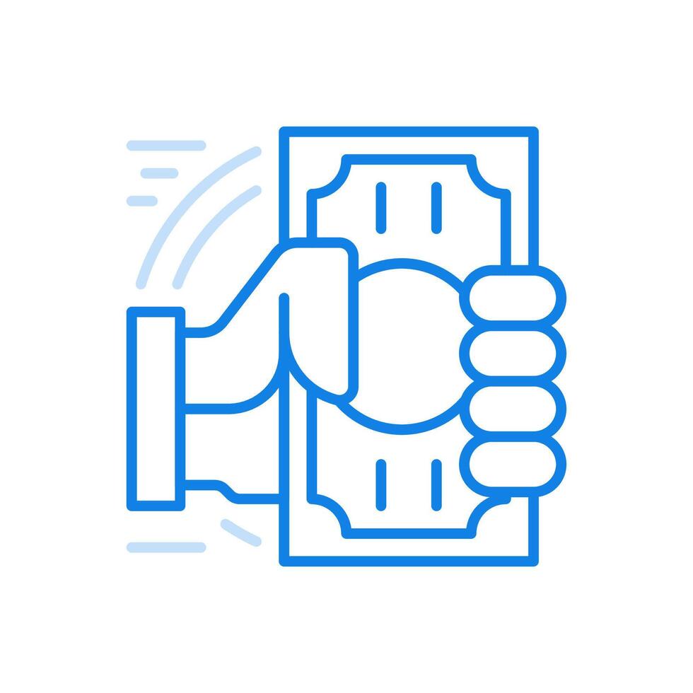Hand holds banknote line icon. Cash to pay for services and purchase. vector