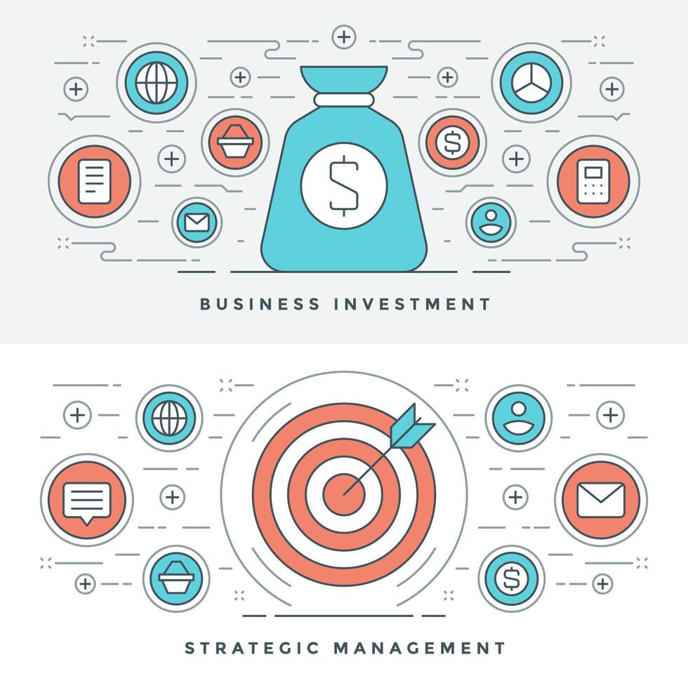 Flat line Strategic Management and Investment. illustration. Modern thin linear stroke icons. vector