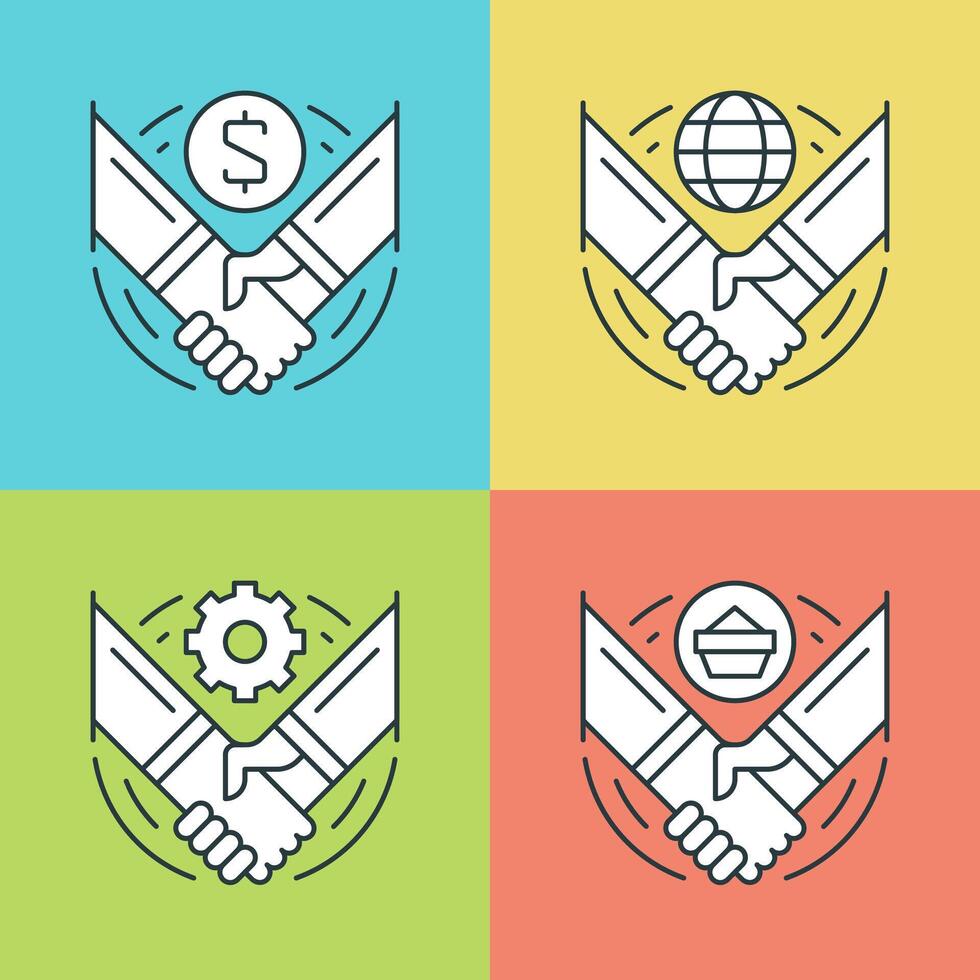 Flat line icons set. Thin linear stroke Handshake, Partnership, Deal Agreement, Successful hands symbols. . vector