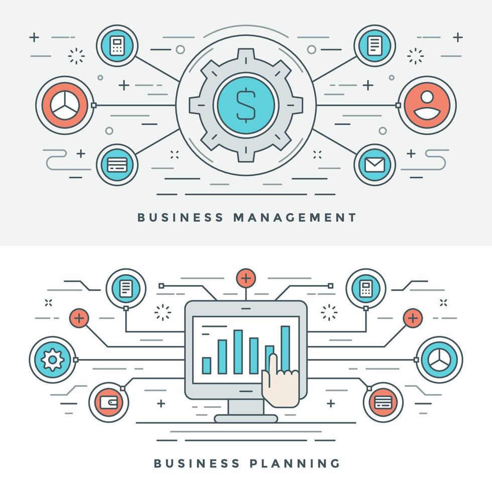 Flat line Business Management and Planning Concept illustration. Modern thin linear stroke icons. vector