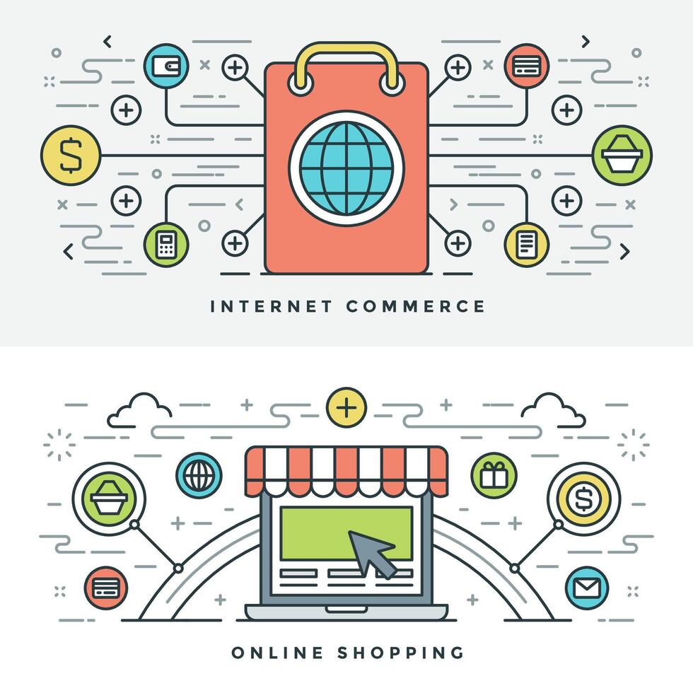 Flat line Internet Commerce and Online Shopping. illustration. vector