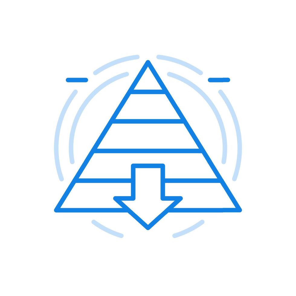 Maslow pyramid with top to bottom level line icon. Triangle sections an arrow down. vector