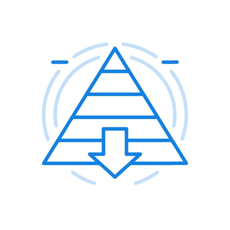 Maslow pyramid with top to bottom level line icon. Triangle sections an arrow down. vector