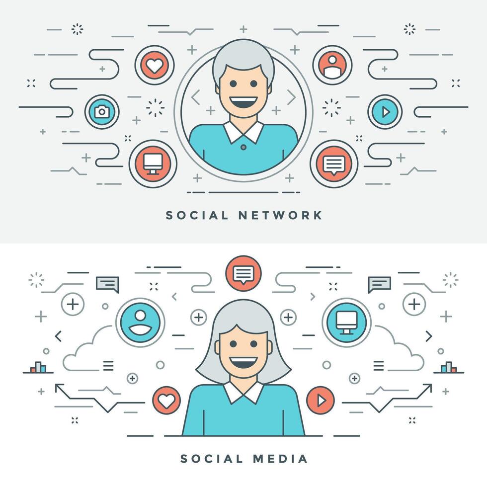 Flat line Social Media and Network Concept illustration. vector