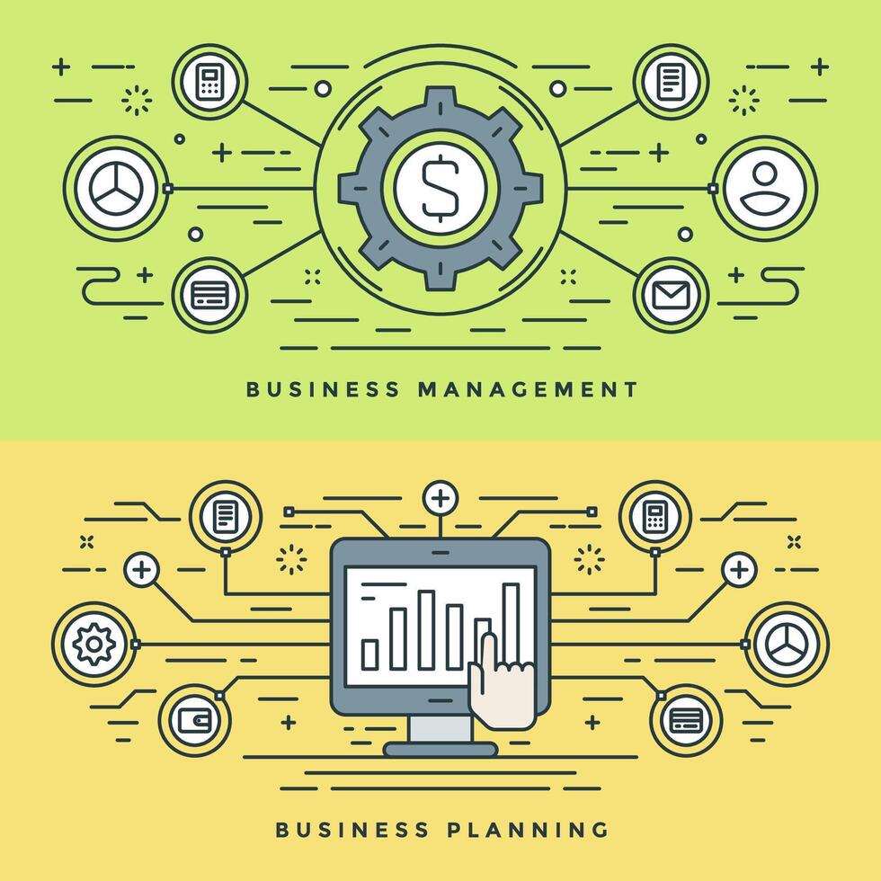 Flat line Business Management and Planning Concept illustration. Modern thin linear stroke icons. vector