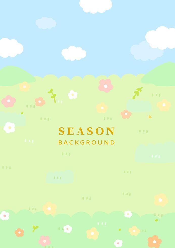 Cute illustration style texture background of green grass flower with blue sky white cloud in spring and summer season vector