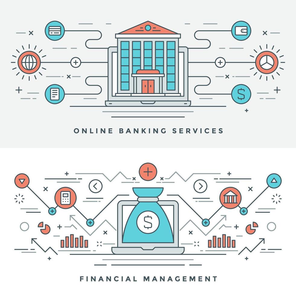 Flat line Banking and Financial Management Concept illustration. Modern thin linear stroke icons. vector