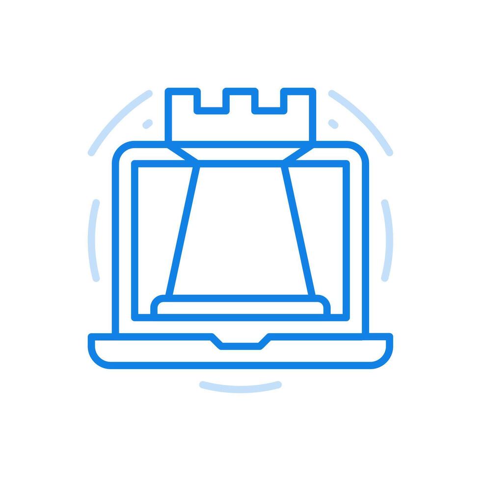 Chess online line icon. Ancient competitive strategy game. Large rook on laptop screen. vector