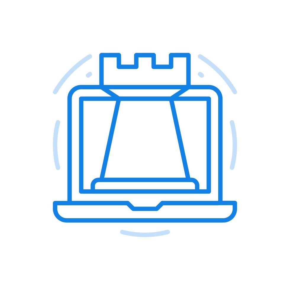 Chess online line icon. Ancient competitive strategy game. Large rook on laptop screen. vector