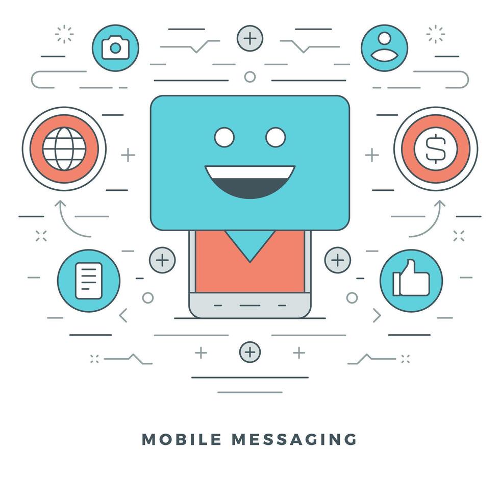 Flat line Mobile Messaging Concept illustration. Modern thin linear stroke icons. vector