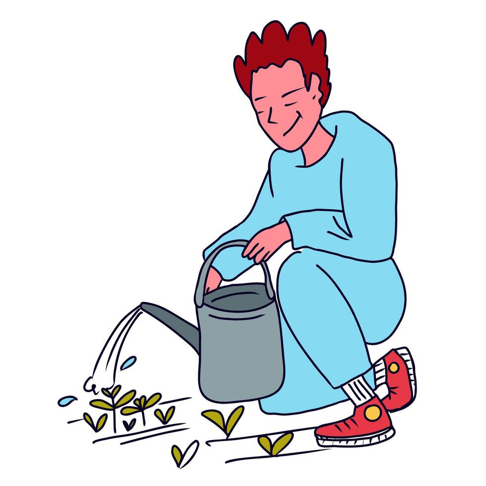 Guy waters spring seedlings in the garden with water from a watering can. Hand drawn illustration. vector