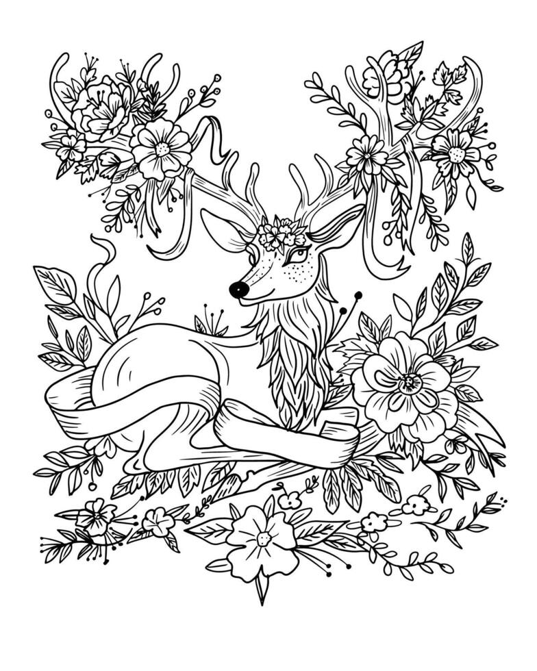 Hand drawn coloring book page. Midsummer swedish holiday. Deer with antlers entwined with ribbons and flowers. vector