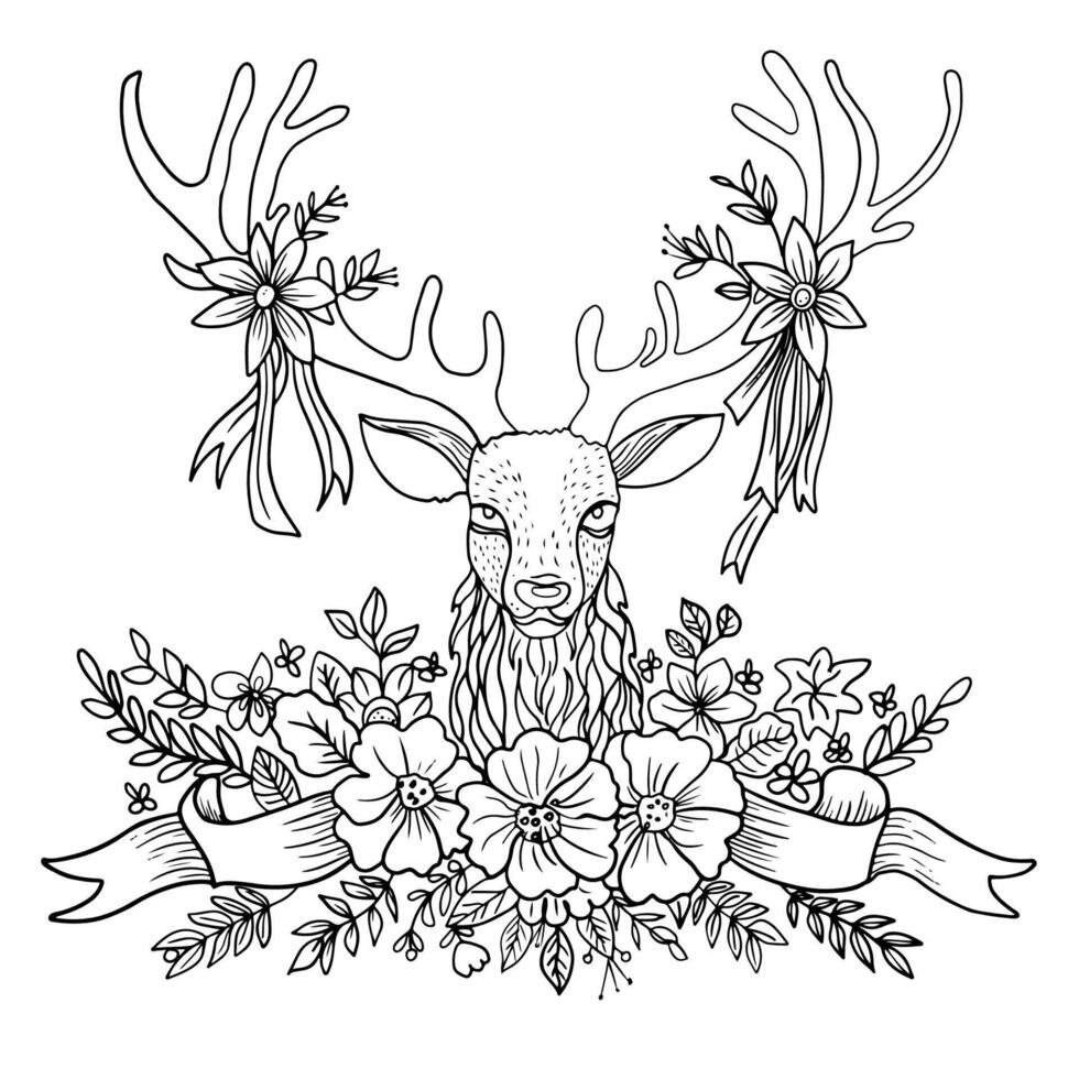 Hand drawn coloring book page. Midsummer swedish holiday. deer head with antlers entwined with ribbons and flowers. vector