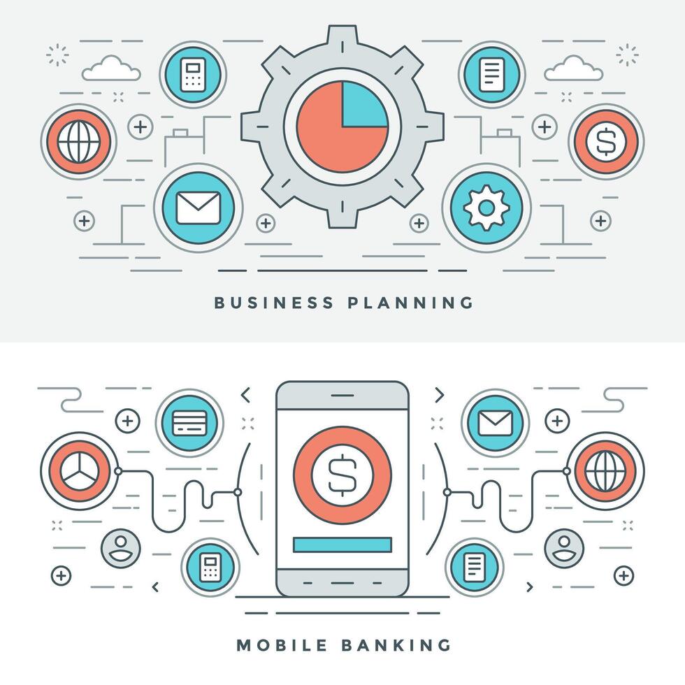 Flat line Business Planning and Banking. illustration. Modern thin linear stroke icons. vector