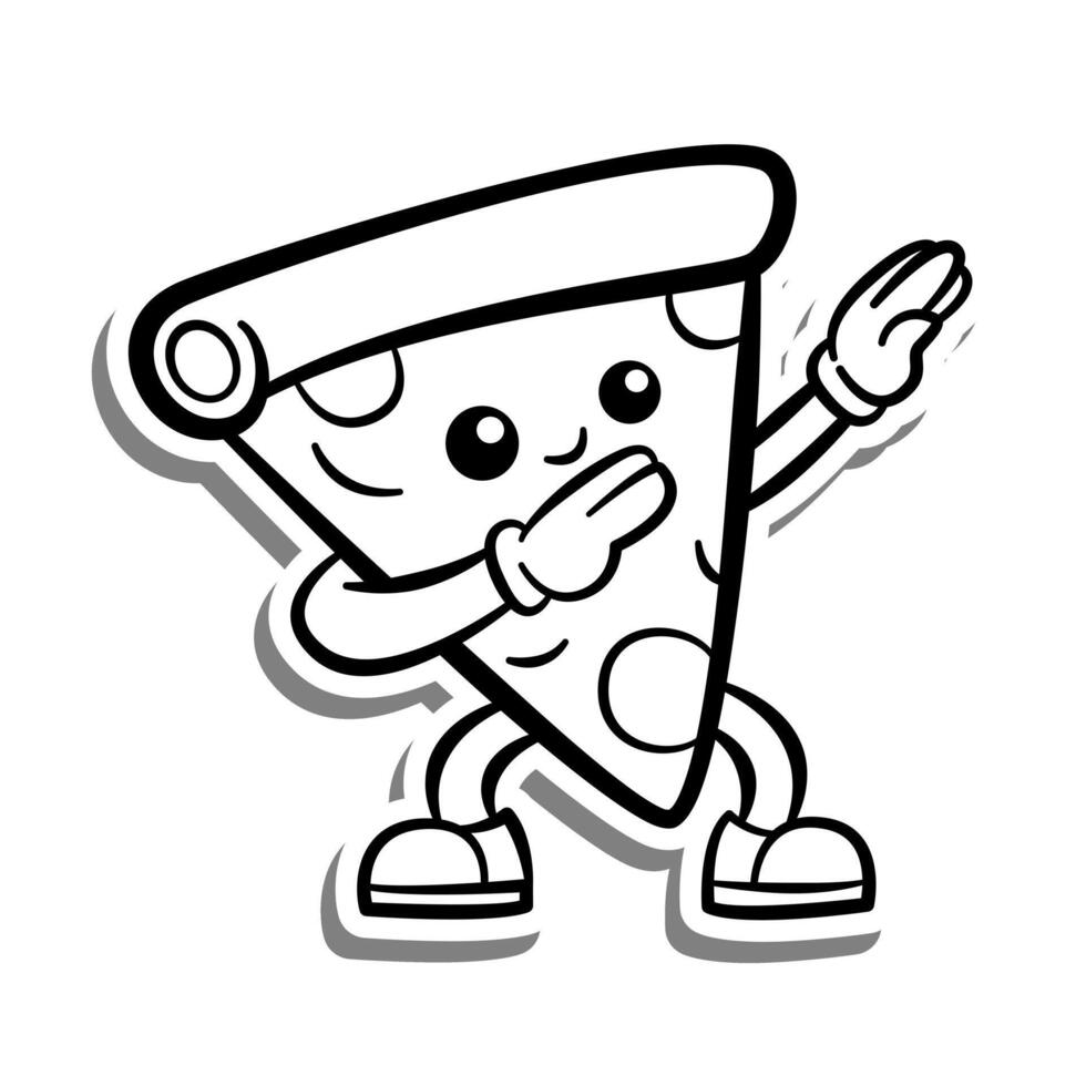 Black line Retro Cartoon Pizza doing Dabbing. on white silhouette and gray shadow. Doodle Style illustration for decorate, coloring and any design. vector