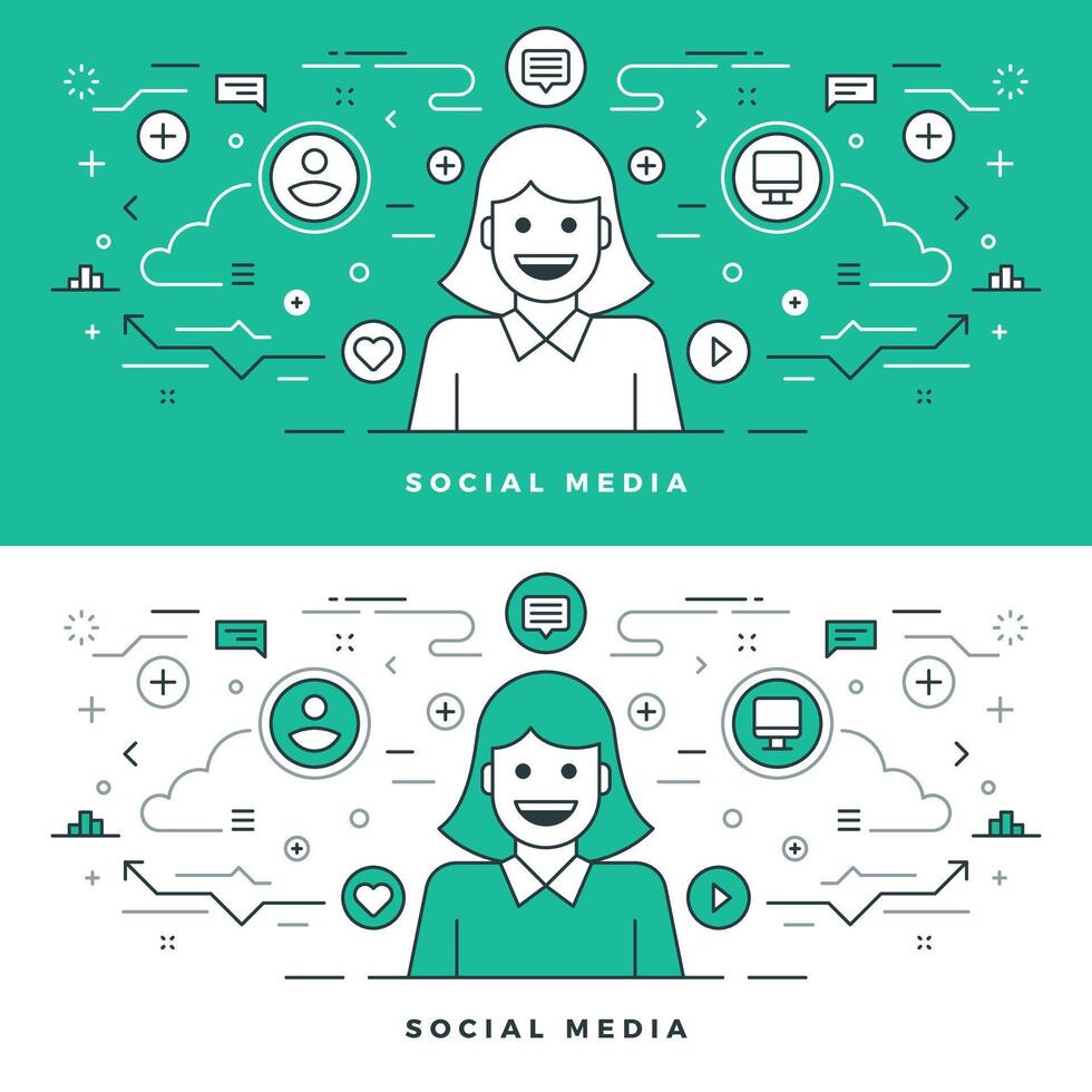 Flat line Social Media and Network Concept illustration. vector