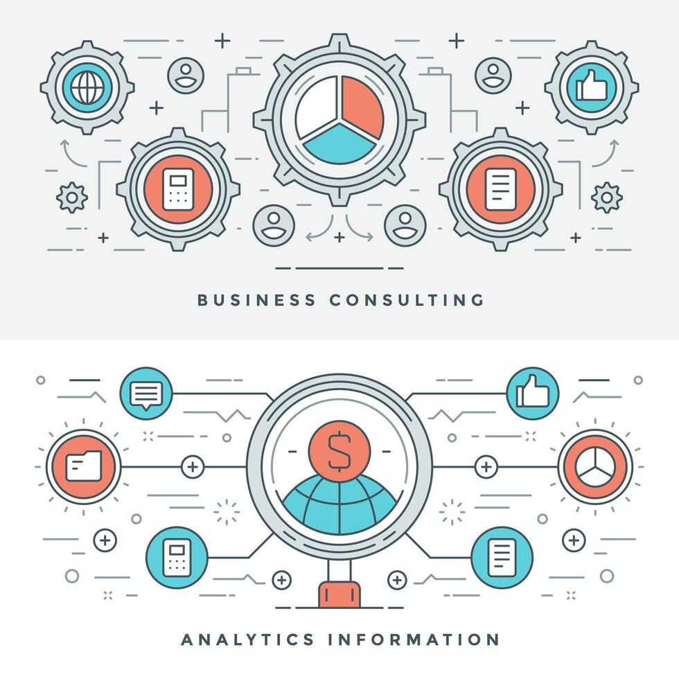 Flat line Business Consulting and Analytics. illustration. Modern thin linear stroke icons. vector