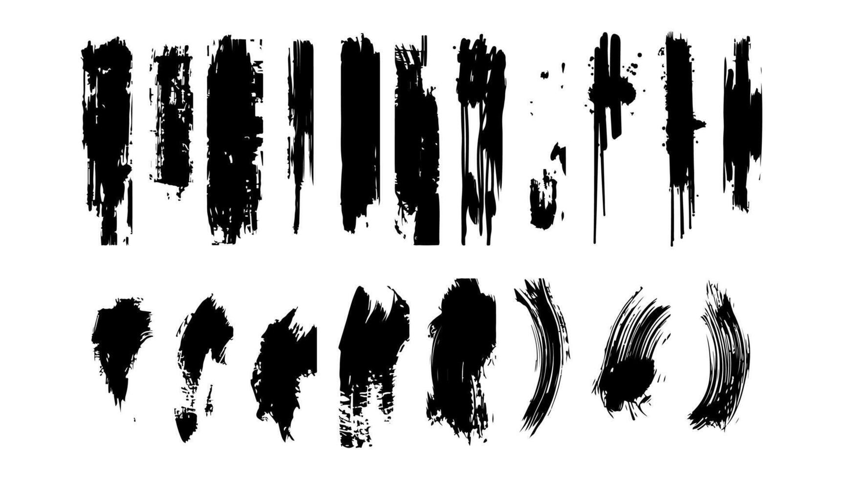 Grunge black brush strokes set illustration. Art paintbrush art and textured abstract design. Collection element pattern spray and distress sketch stroke vector