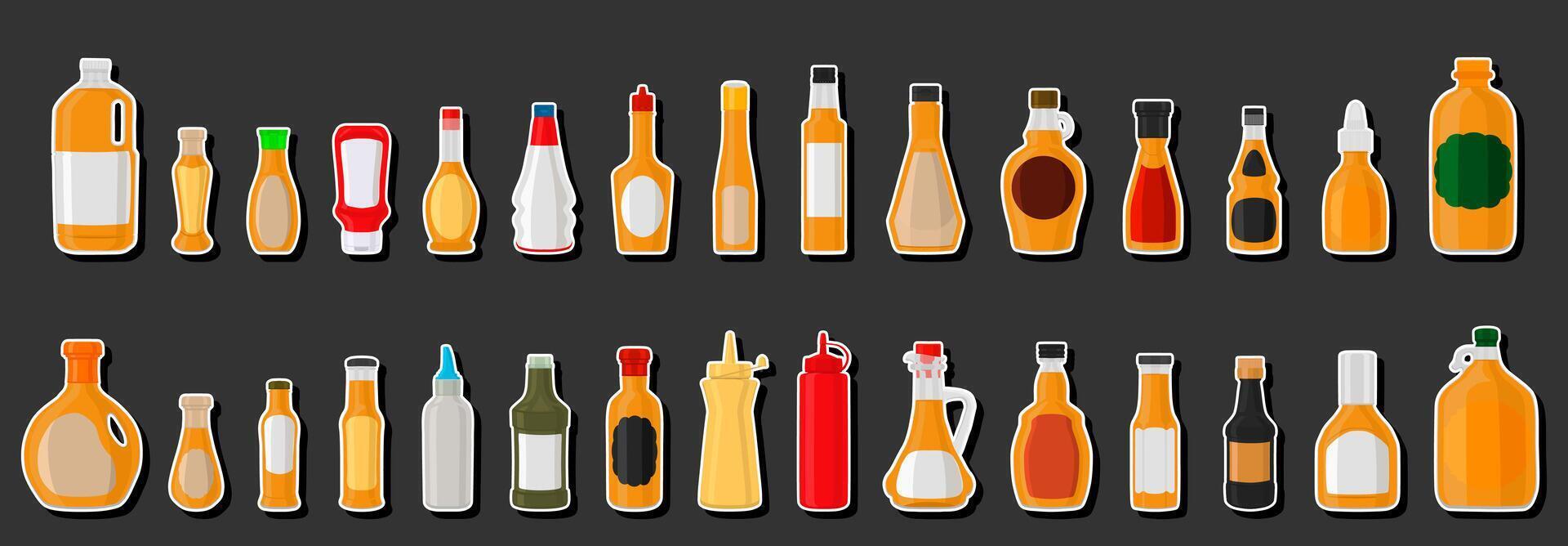 Ilustración kit grande botellas de vidrio variadas llenas de salsa líquida habanero vector
