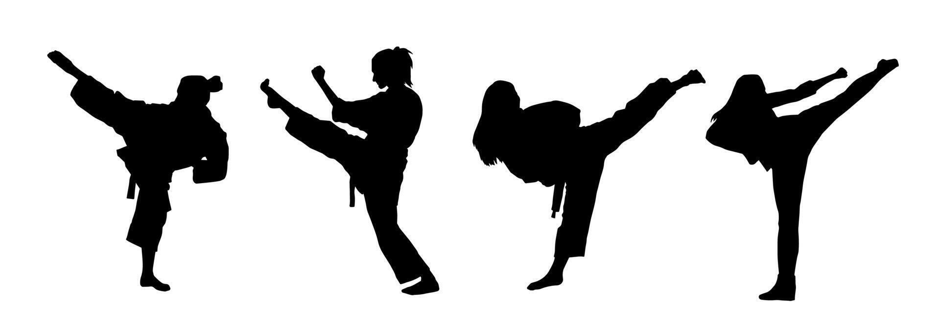 Silhouette collection of martial art women kicking pose. Silhouette of female warriors in action pose. vector